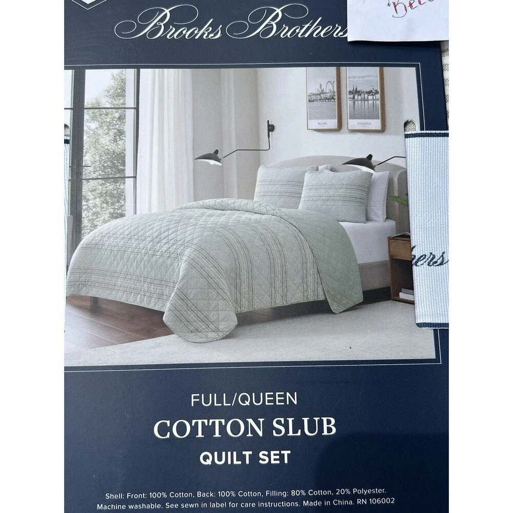 Brooks Brothers Cotton Slub Quilt Sham Set Full Queen Green Stripes 3 Pc Set New